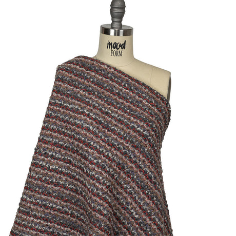 Italian Gray, Beige, and Red Striped Boucle Blended Wool Sweater Knit with Clear Baby Sequins