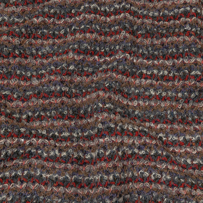 Italian Gray, Beige, and Red Striped Boucle Blended Wool Sweater Knit with Clear Baby Sequins