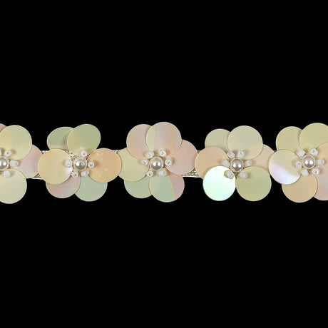 Vintage Eggnog and Iridescent Beige Floral Sequins and Beaded Trim - 0.875"