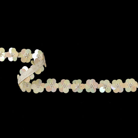 Vintage Eggnog and Iridescent Beige Floral Sequins and Beaded Trim - 0.875"