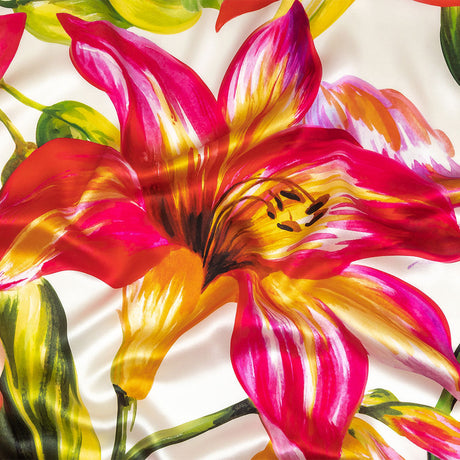 Mood Exclusive Italian Magenta, Orange and Green Lilies Silk Charmeuse