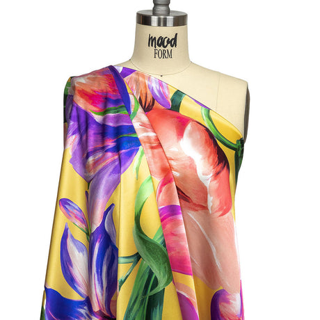 Mood Exclusive Italian Purple, Strawberry Pink and Yellow Lilies Silk Charmeuse