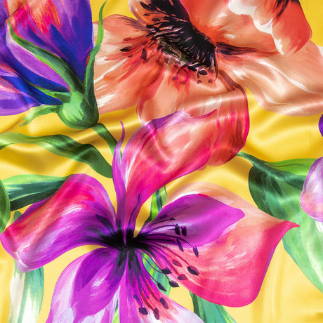 Mood Exclusive Italian Purple, Strawberry Pink and Yellow Lilies Silk Charmeuse