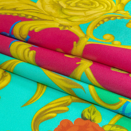 Mood Exclusive Italian Aqua, Pink and Gold Rose Filigree Silk Charmeuse