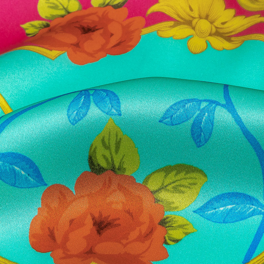 Mood Exclusive Italian Aqua, Pink and Gold Rose Filigree Silk Charmeuse
