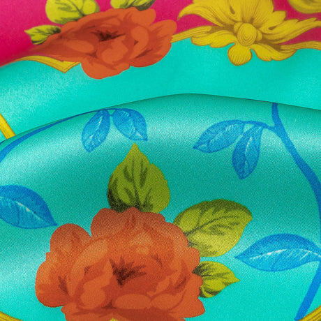 Mood Exclusive Italian Aqua, Pink and Gold Rose Filigree Silk Charmeuse