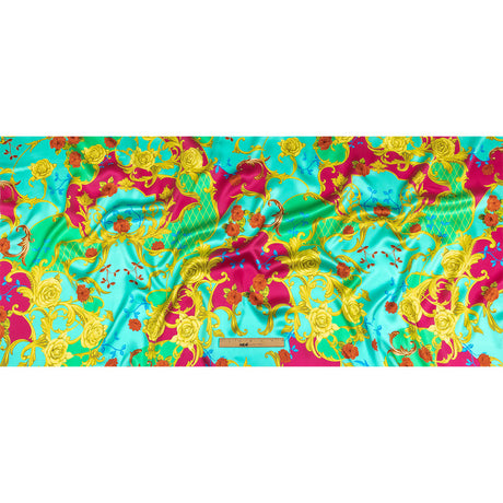 Mood Exclusive Italian Aqua, Pink and Gold Rose Filigree Silk Charmeuse