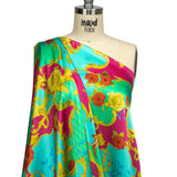 Mood Exclusive Italian Aqua, Pink and Gold Rose Filigree Silk Charmeuse