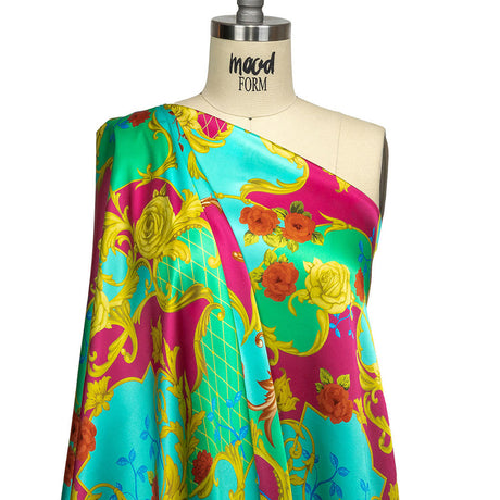 Mood Exclusive Italian Aqua, Pink and Gold Rose Filigree Silk Charmeuse