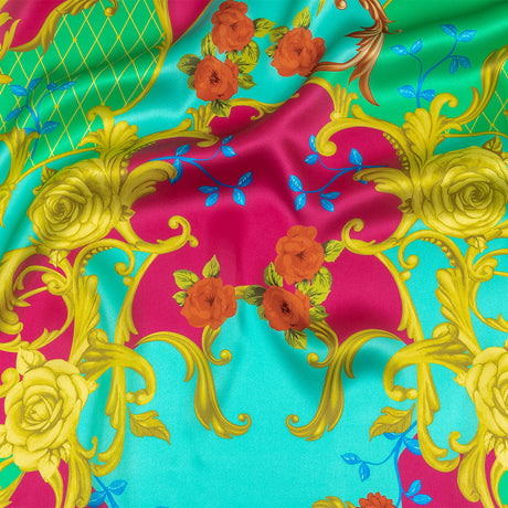 Mood Exclusive Italian Aqua, Pink and Gold Rose Filigree Silk Charmeuse