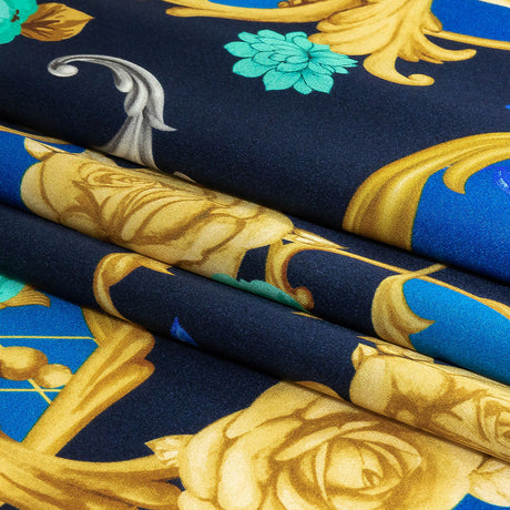 Mood Exclusive Italian Navy, Blue and Gold Rose Filigree Silk Charmeuse