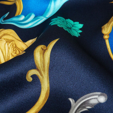 Mood Exclusive Italian Navy, Blue and Gold Rose Filigree Silk Charmeuse