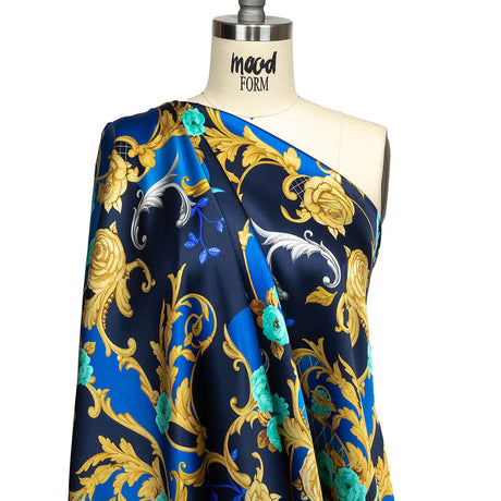 Mood Exclusive Italian Navy, Blue and Gold Rose Filigree Silk Charmeuse