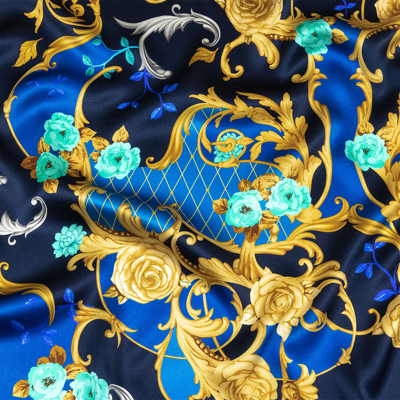 Mood Exclusive Italian Navy, Blue and Gold Rose Filigree Silk Charmeuse