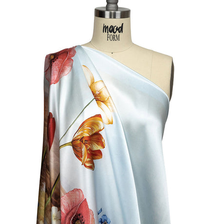 Mood Exclusive Italian Bit of Blue, Olive and Pink Pastoral Floral Border Printed Silk Charmeuse