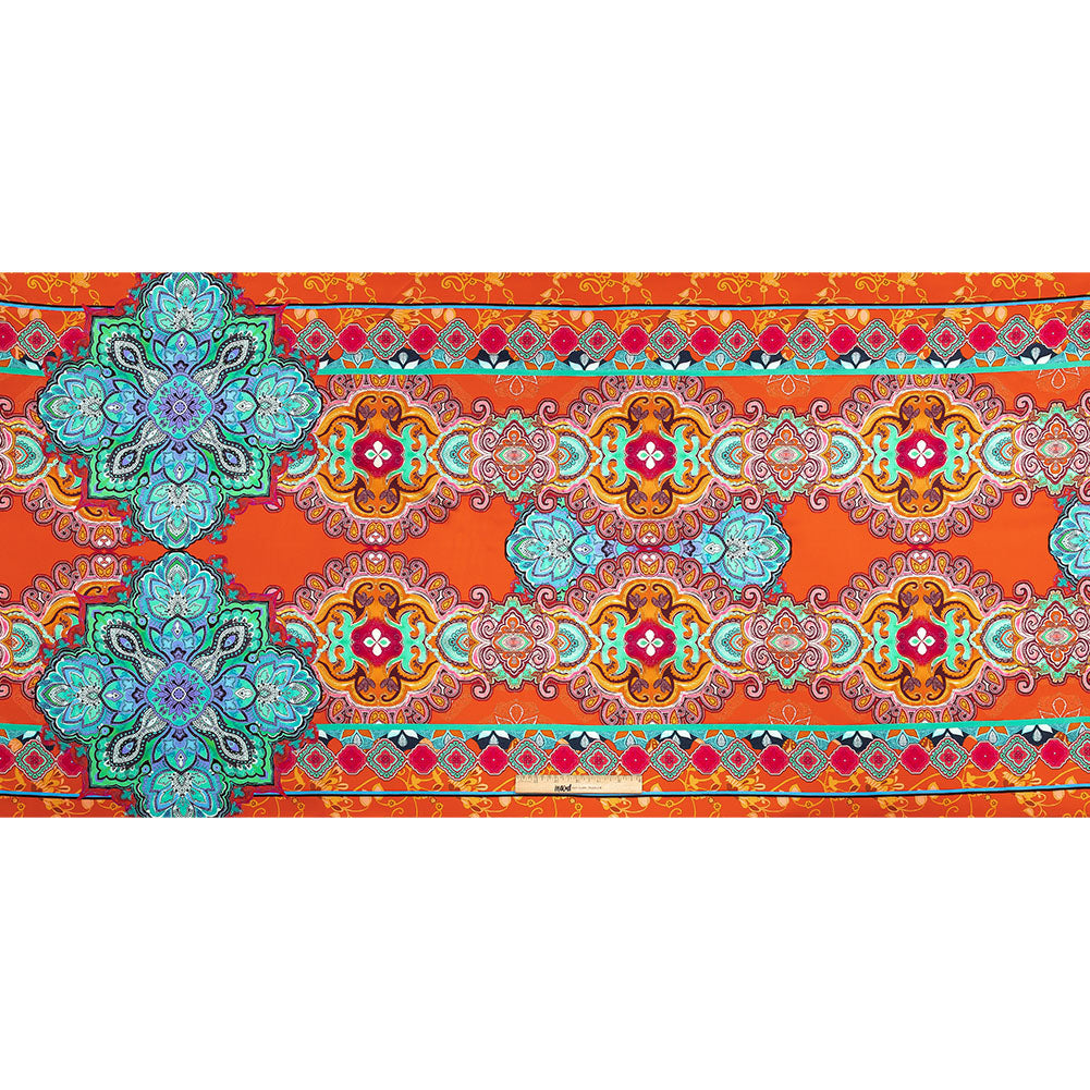 Mood Exclusive Italian Red, Lime and Beige Floral Tile Silk Charmeuse