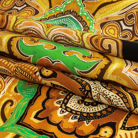 Mood Exclusive Italian Black, Gold and Green Floral Tile Silk Charmeuse