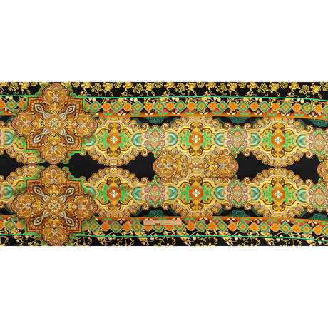 Mood Exclusive Italian Black, Gold and Green Floral Tile Silk Charmeuse