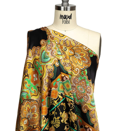 Mood Exclusive Italian Black, Gold and Green Floral Tile Silk Charmeuse