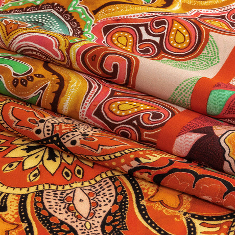 Mood Exclusive Italian Vibrant Green, Red and Orange Floral Tile Silk Charmeuse