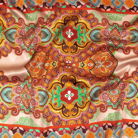 Mood Exclusive Italian Vibrant Green, Red and Orange Floral Tile Silk Charmeuse