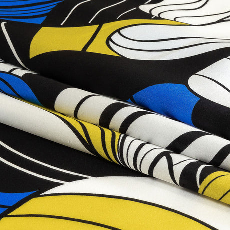 Mood Exclusive Italian Blue, Black and Yellow Art Nouveau Flowers Border Print Silk Charmeuse