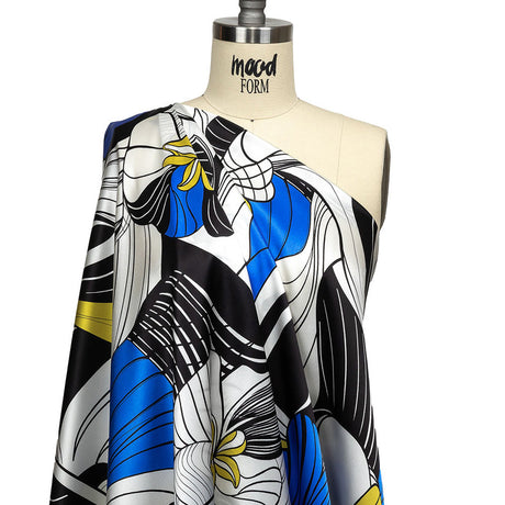 Mood Exclusive Italian Blue, Black and Yellow Art Nouveau Flowers Border Print Silk Charmeuse