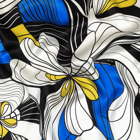 Mood Exclusive Italian Blue, Black and Yellow Art Nouveau Flowers Border Print Silk Charmeuse