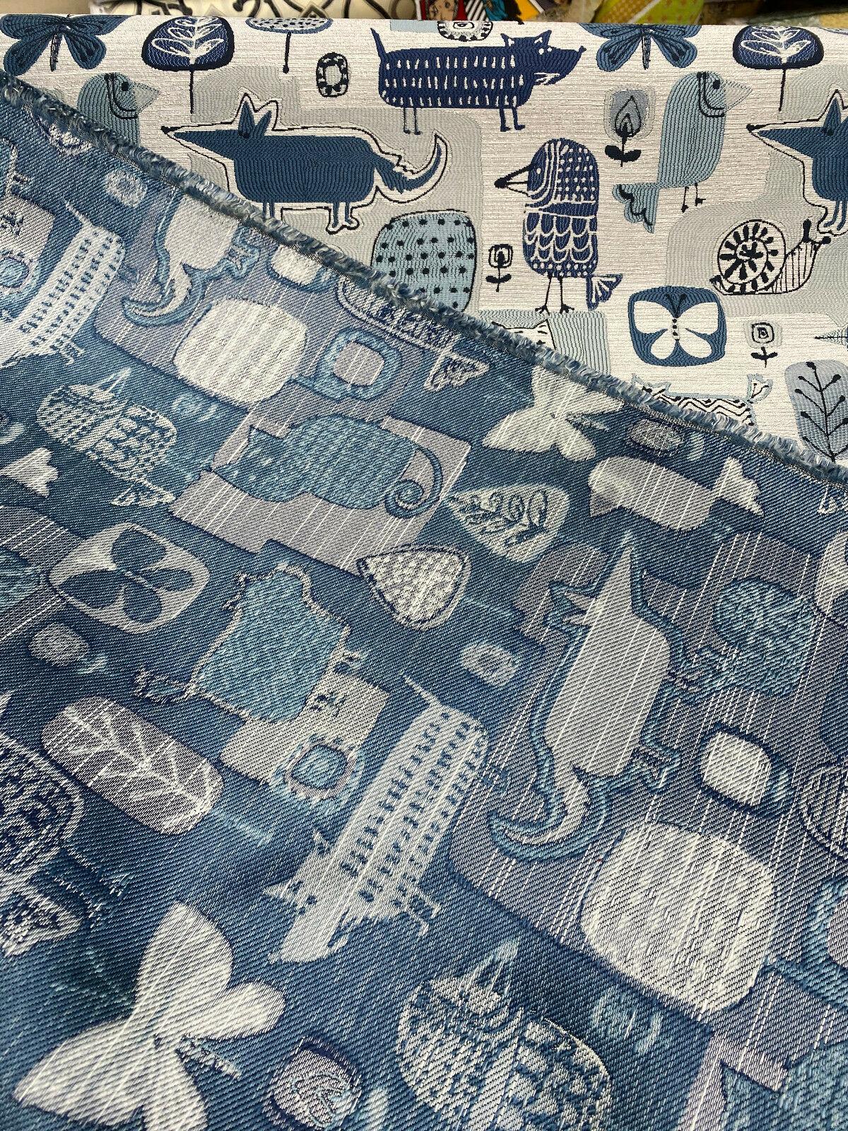 Party Animal Cats Dogs Jacquard Polyester Fabric - Atlantic Blue, Beige Light And Dark Blue, 54" Width (1 Yard)