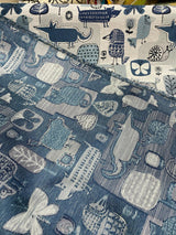 Party Animal Cats Dogs Jacquard Polyester Fabric - Atlantic Blue, Beige Light And Dark Blue, 54" Width (1 Yard)