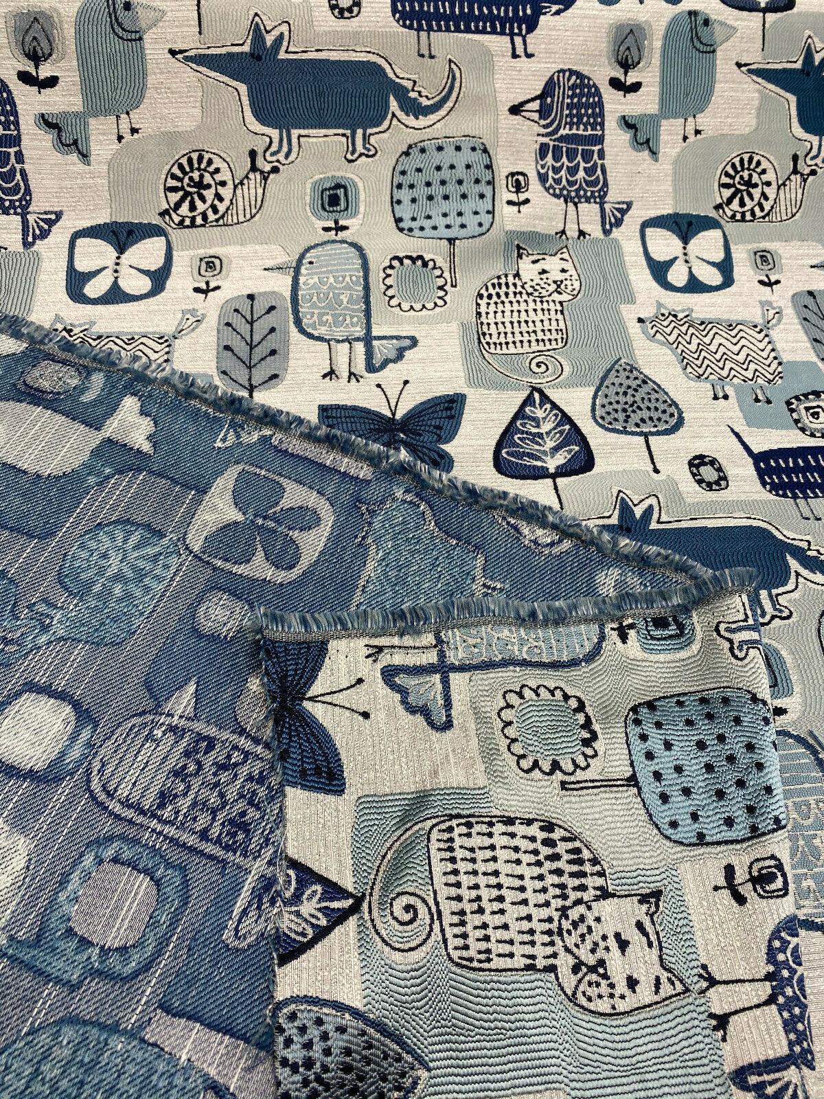 Party Animal Cats Dogs Jacquard Polyester Fabric - Atlantic Blue, Beige Light And Dark Blue, 54" Width (1 Yard)