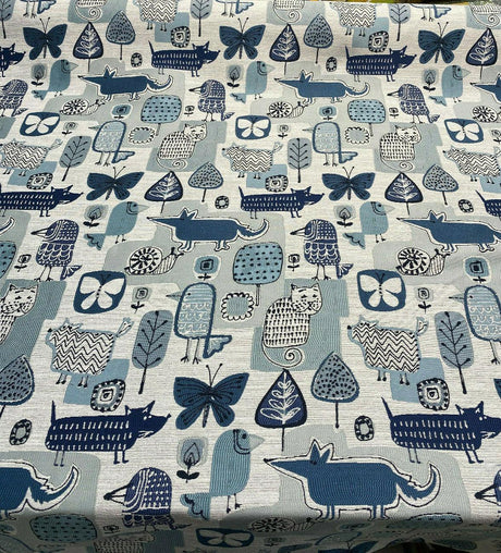 Party Animal Cats Dogs Jacquard Polyester Fabric - Atlantic Blue, Beige Light And Dark Blue, 54" Width (1 Yard)