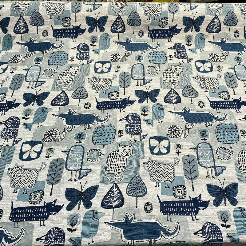 Party Animal Cats Dogs Jacquard Polyester Fabric - Atlantic Blue, Beige Light And Dark Blue, 54" Width (1 Yard)