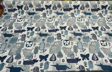 Party Animal Cats Dogs Jacquard Polyester Fabric - Atlantic Blue, Beige Light And Dark Blue, 54" Width (1 Yard)