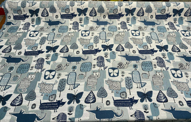 Party Animal Cats Dogs Jacquard Polyester Fabric - Atlantic Blue, Beige Light And Dark Blue, 54" Width (1 Yard)
