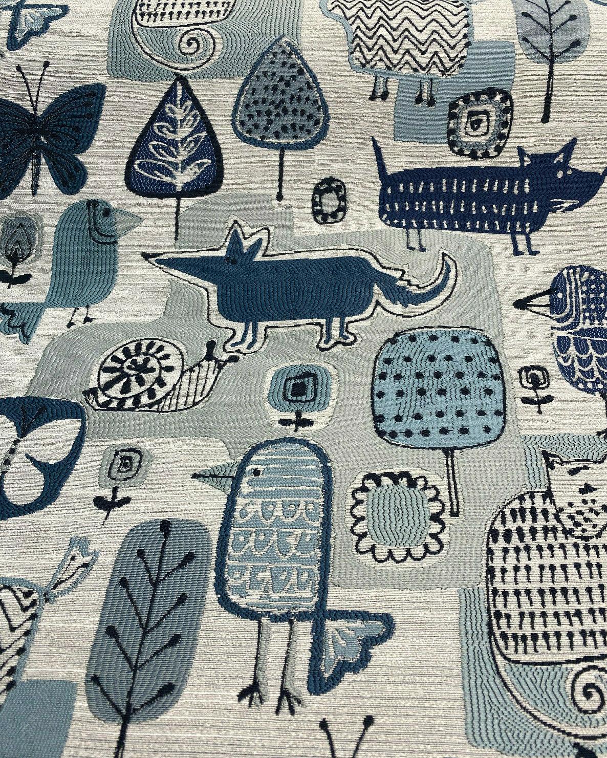 Party Animal Cats Dogs Jacquard Polyester Fabric - Atlantic Blue, Beige Light And Dark Blue, 54" Width (1 Yard)