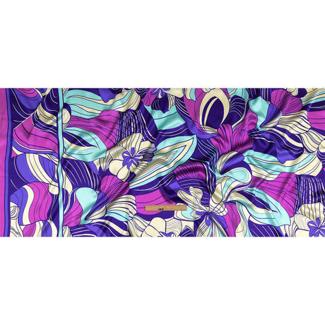 Mood Exclusive Italian Sky Blue, Frozen Dew and Iris Orchid Art Nouveau Flowers Border Print Silk Charmeuse