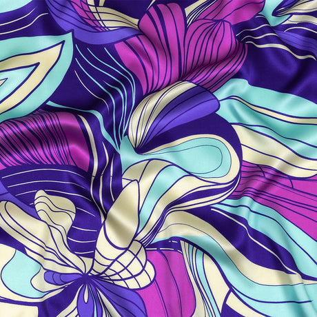 Mood Exclusive Italian Sky Blue, Frozen Dew and Iris Orchid Art Nouveau Flowers Border Print Silk Charmeuse