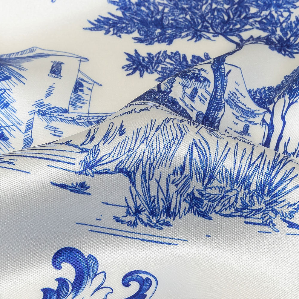 Mood Exclusive Italian Blue and Cloud Dancer Elegant Toile Silk Charmeuse
