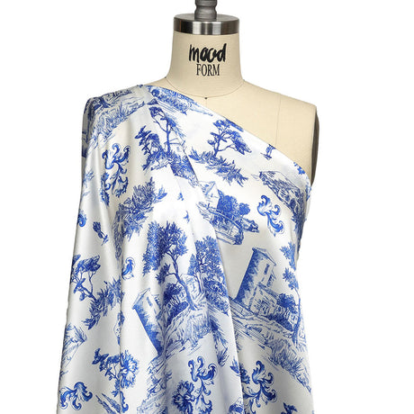 Mood Exclusive Italian Blue and Cloud Dancer Elegant Toile Silk Charmeuse