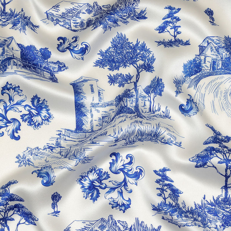 Mood Exclusive Italian Blue and Cloud Dancer Elegant Toile Silk Charmeuse