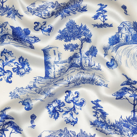 Mood Exclusive Italian Blue and Cloud Dancer Elegant Toile Silk Charmeuse