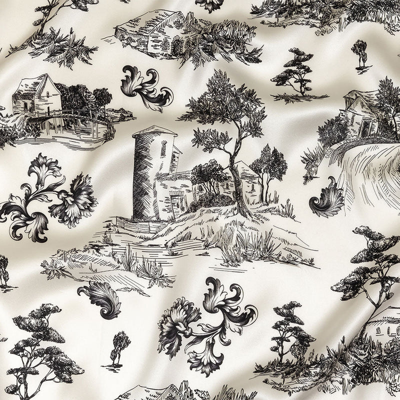 Mood Exclusive Italian Black Bean and Cloud Dancer Elegant Toile Silk Charmeuse