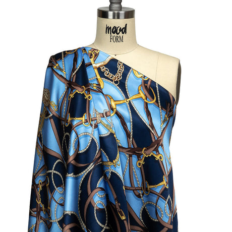 Mood Exclusive Italian Blue, Brown and Gold Bridles and Reins Silk Charmeuse Panel
