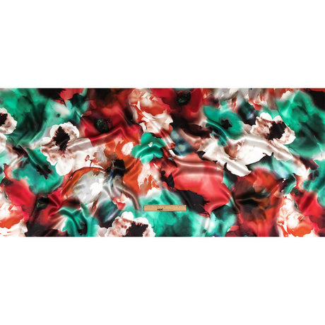Mood Exclusive Italian Red, Turquoise and White Watercolor Floral Silk Charmeuse