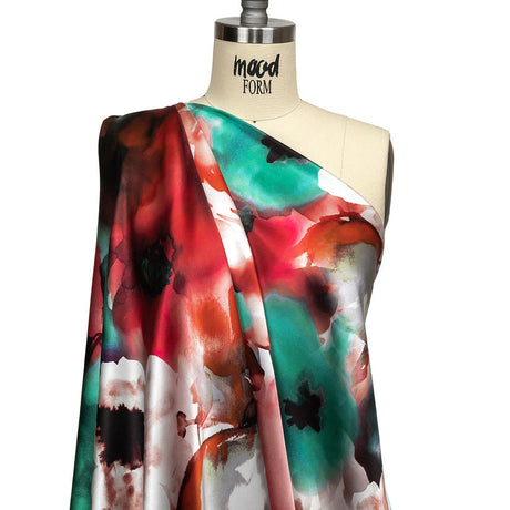 Mood Exclusive Italian Red, Turquoise and White Watercolor Floral Silk Charmeuse