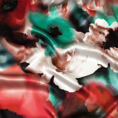Mood Exclusive Italian Red, Turquoise and White Watercolor Floral Silk Charmeuse