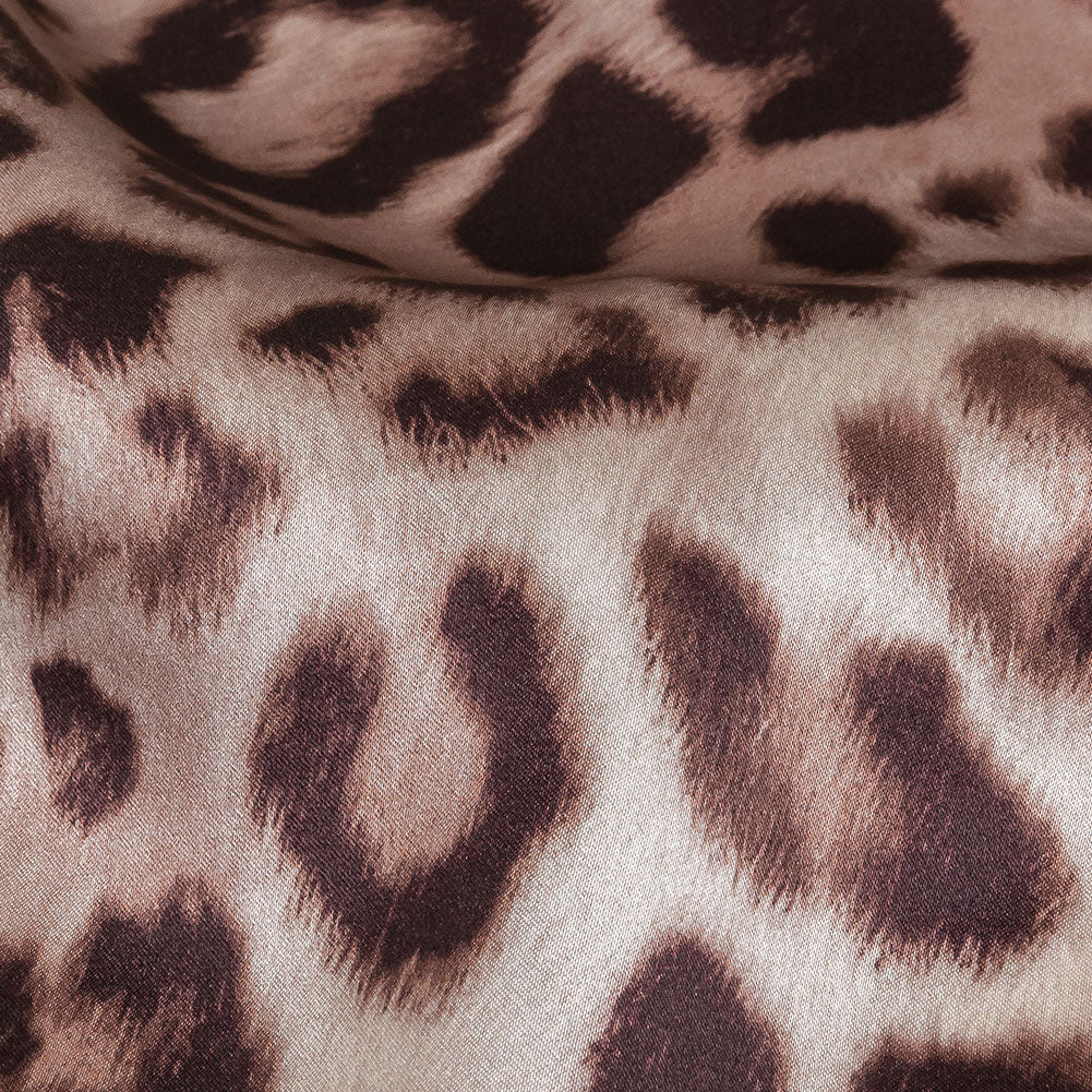 Mood Exclusive Italian Taupe and Black Leopard Printed Silk Charmeuse