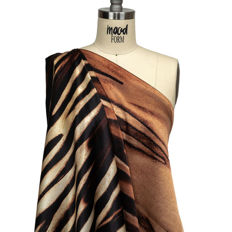 Mood Exclusive Italian Black, White and Brown Abstracted Zebra Border Printed Silk Charmeuse