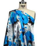 Mood Exclusive Italian Blue, Gray and White Wild Roses Silk Charmeuse